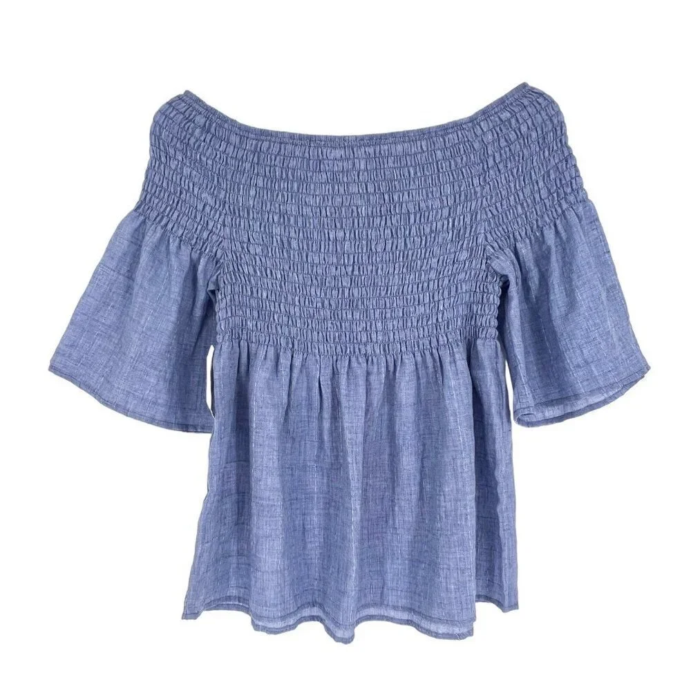Liverpool Off The Shoulder Top Blue Chambray Smocked Short Sleeve Small Casual - Picture 9 of 16